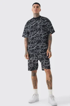 Tall Oversized Extended Neck Barbwire T-shirt & Short Set | BoohooMAN UK