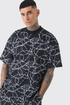 Tall Oversized Extended Neck Barbwire T-shirt & Short Set | BoohooMAN UK