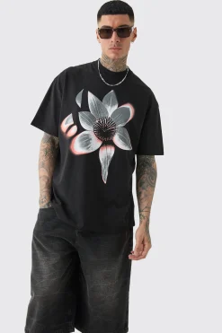 Tall Oversized Extended Neck Abstract Floral Print T-shirt | BoohooMAN UK