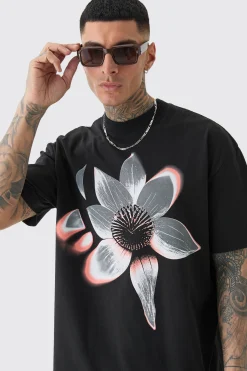 Tall Oversized Extended Neck Abstract Floral Print T-shirt | BoohooMAN UK