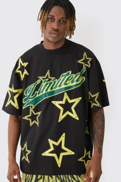 Tall Oversized Extended Neck Limited Star Print T-shirt | BoohooMAN UK