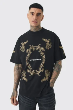 Tall Oversized Extended Neck Official Man Baroque Print T-shirt | BoohooMAN UK