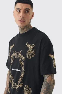 Tall Oversized Extended Neck Official Man Baroque Print T-shirt | BoohooMAN UK
