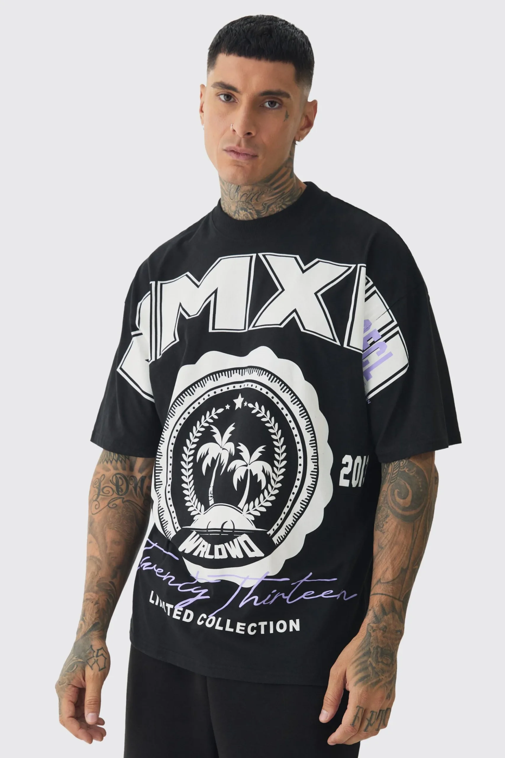 Tall Oversized Extended Neck MMXIII Large Scale Print T-Shirt | BoohooMAN UK