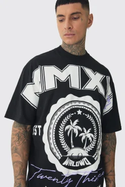 Tall Oversized Extended Neck MMXIII Large Scale Print T-Shirt | BoohooMAN UK