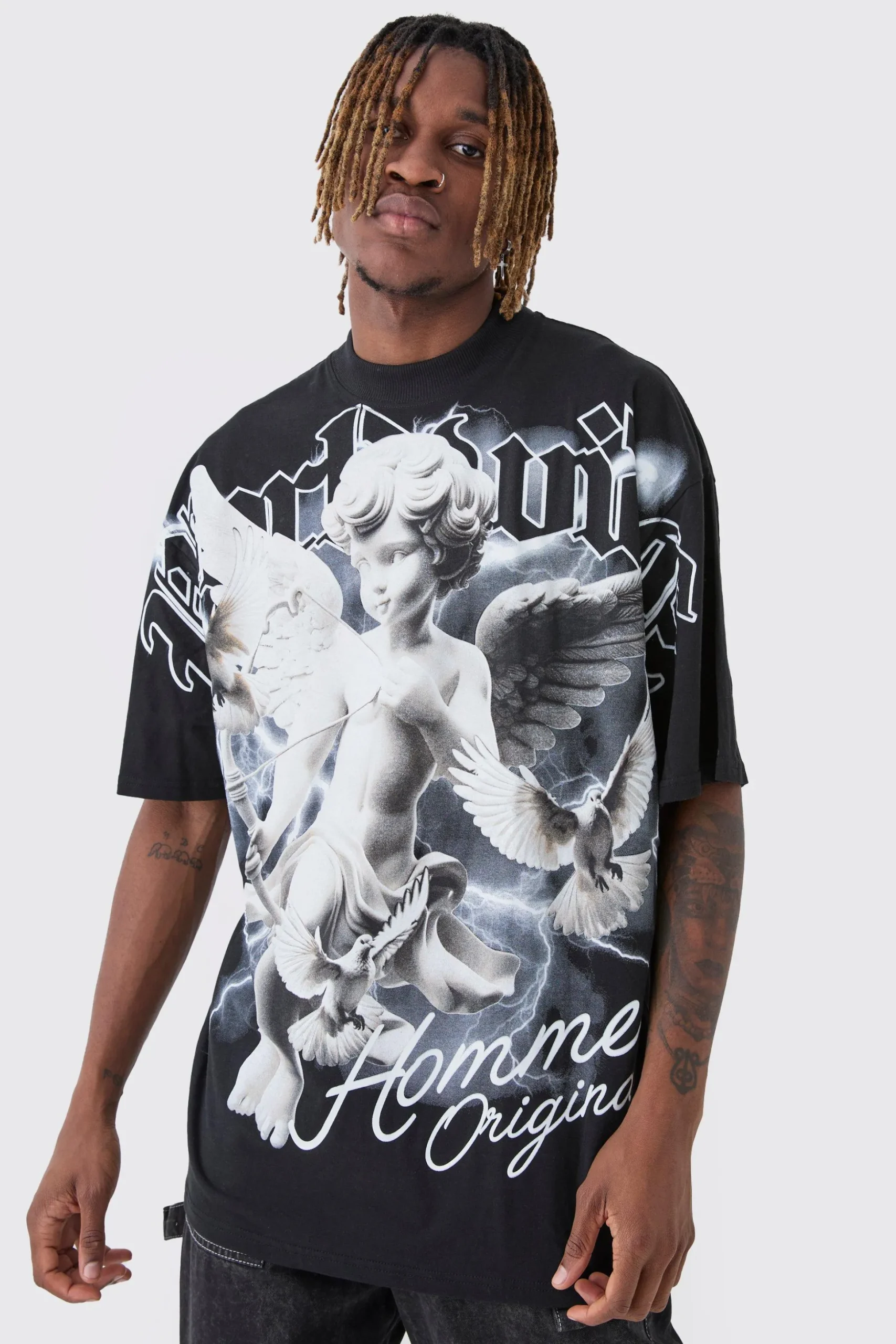 Tall Oversized Extended Neck Rennaisance Large Scale Print T-Shirt | BoohooMAN UK