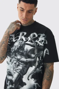 Tall Oversized Extended Neck Cherub Large Scale Print T-Shirt | BoohooMAN UK