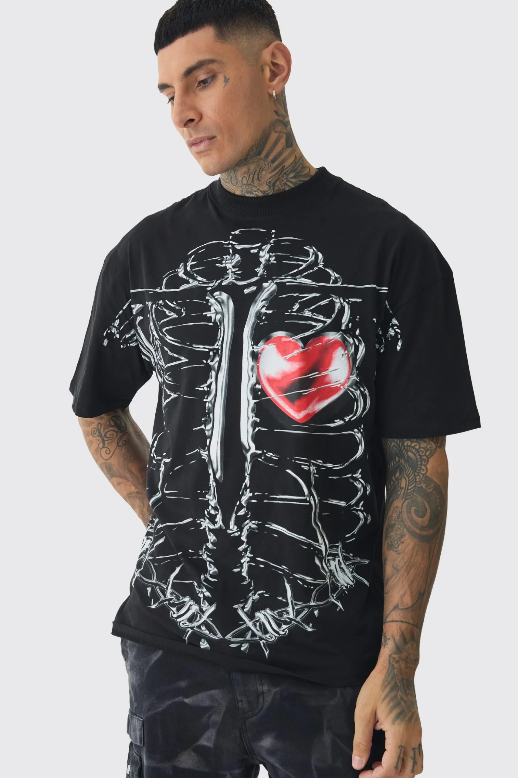 Tall Oversized Extended Neck Ribcage Large Scale Print T-Shirt | BoohooMAN UK