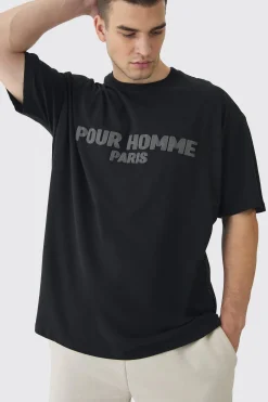 Tall Oversized Extended Neck Pour Homme Puff Print T-Shirt | BoohooMAN UK