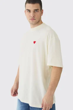 Tall Oversized Extended Neck Heart Embroidered T-Shirt | BoohooMAN UK