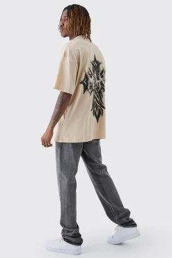 Tall Oversized Extended Neck Worldwide Gothic Cross Print T-Shirt | BoohooMAN UK