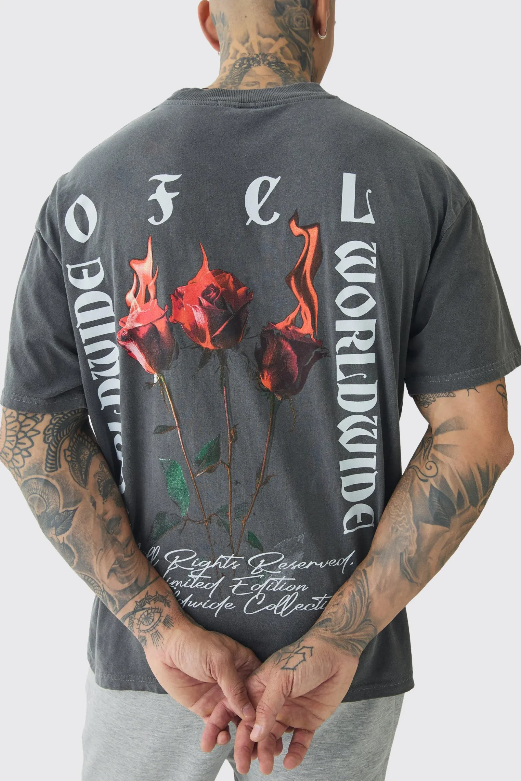 Tall Oversized Extended Neck Flame Rose Print Washed T-shirt | BoohooMAN UK