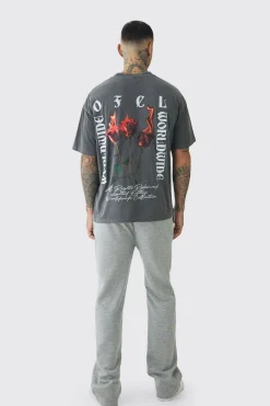 Tall Oversized Extended Neck Flame Rose Print Washed T-shirt | BoohooMAN UK