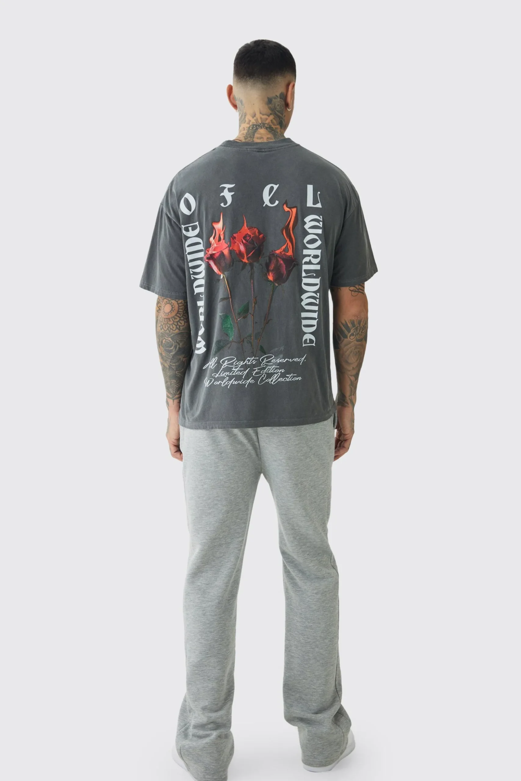 Tall Oversized Extended Neck Flame Rose Print Washed T-shirt | BoohooMAN UK