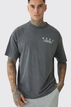 Tall Oversized Extended Neck Flame Rose Print Washed T-shirt | BoohooMAN UK