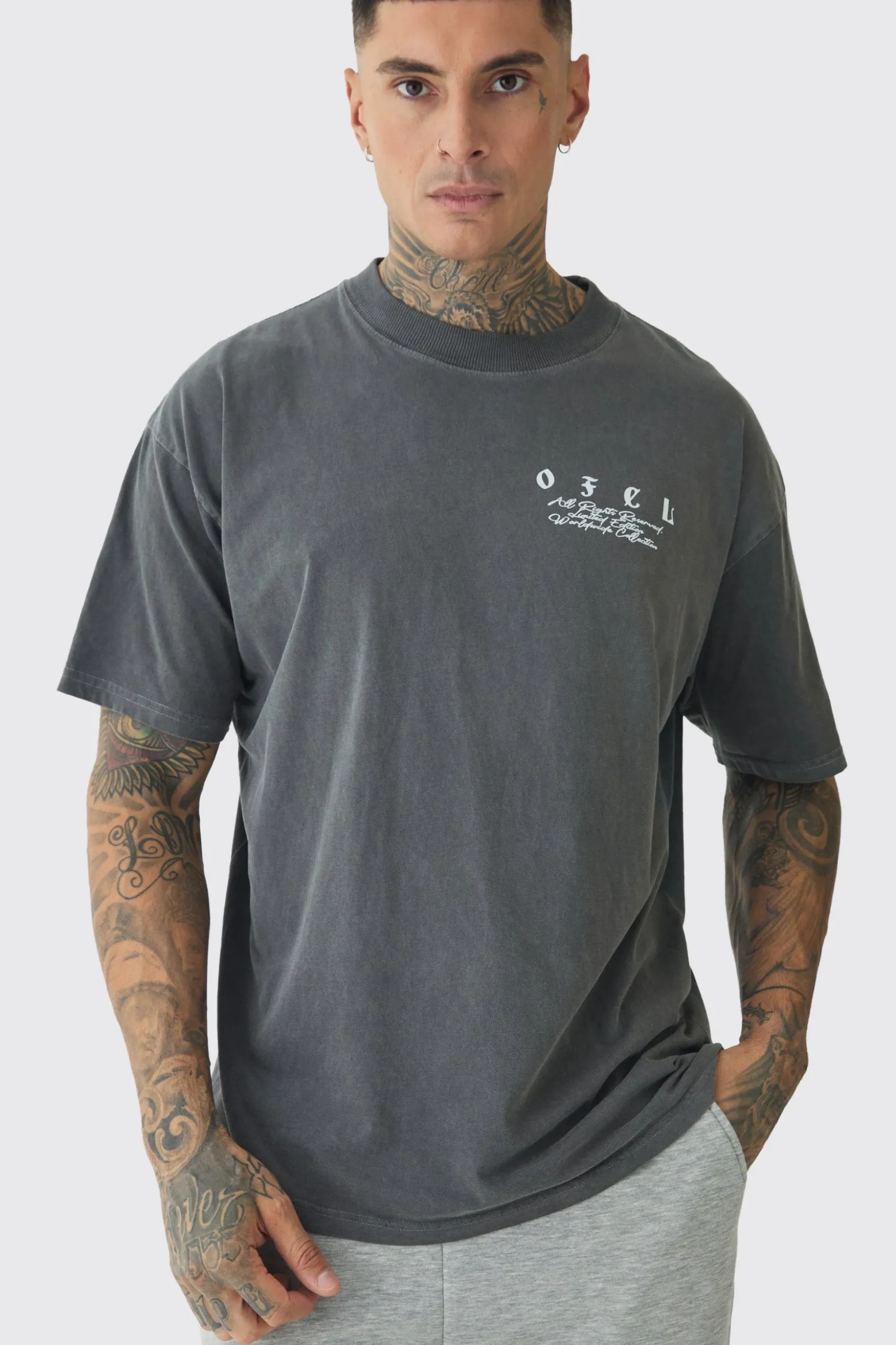 Tall Oversized Extended Neck Flame Rose Print Washed T-shirt | BoohooMAN UK
