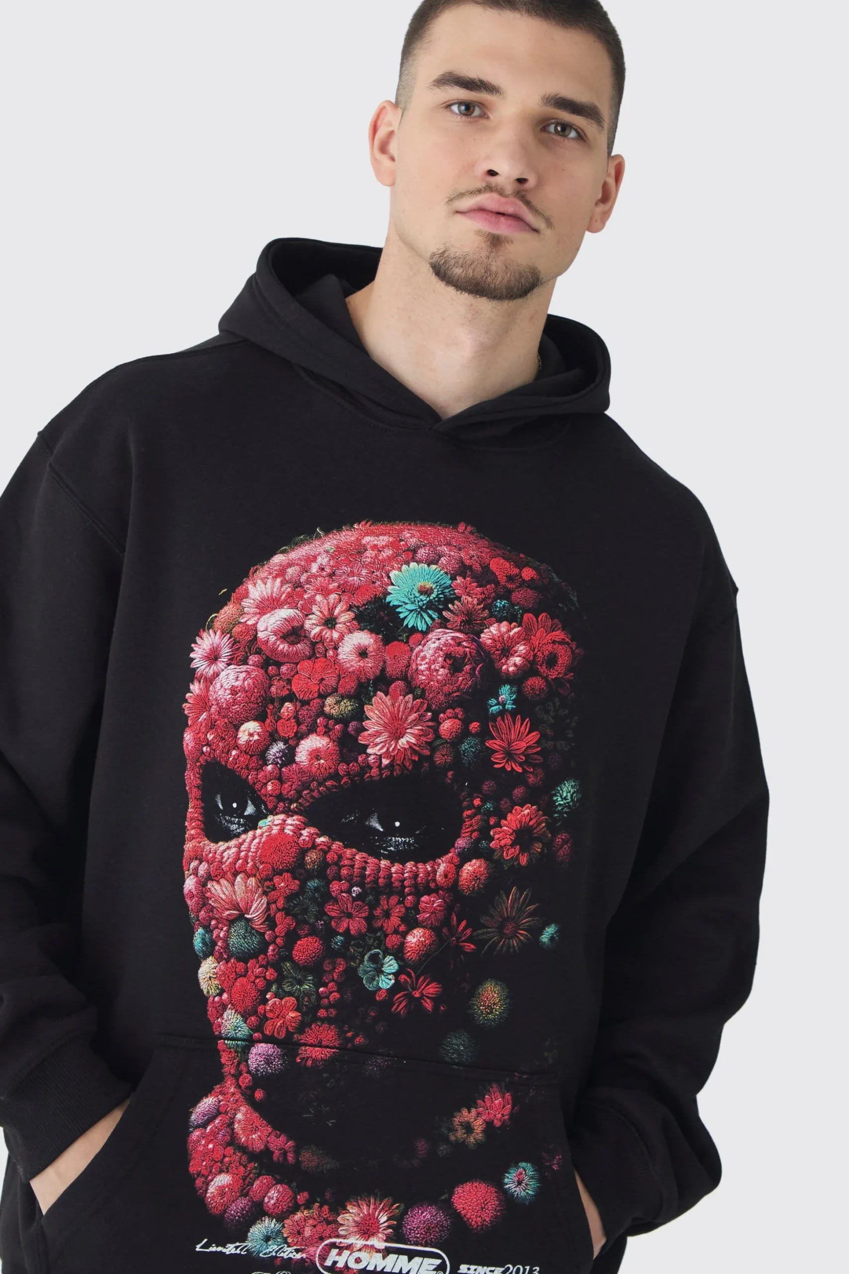Tall Oversized Floral Balaclava Print Hoodie | BoohooMAN UK