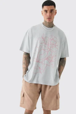 Tall Oversized Floral Stencil Print T-shirt In Grey | BoohooMAN UK