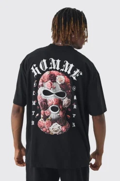 Tall Oversized Homme Balaclava Floral Print T-shirt | BoohooMAN UK