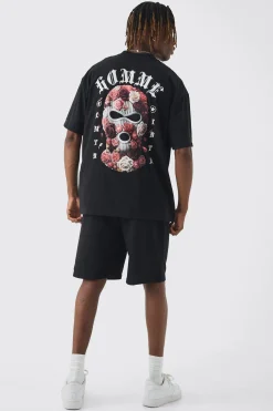 Tall Oversized Homme Balaclava Floral Print T-shirt | BoohooMAN UK