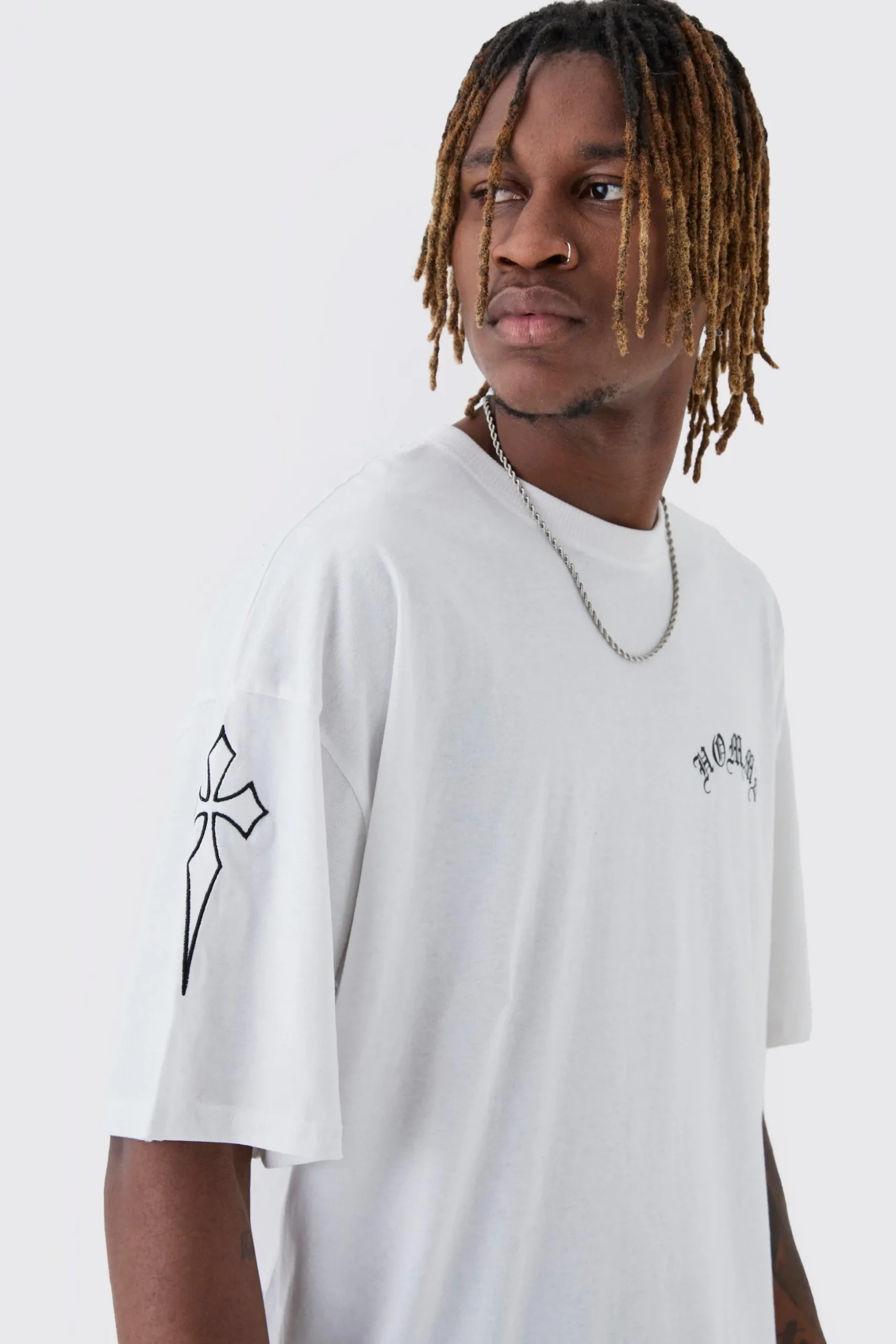 Tall Oversized Homme Print & Cross Embroidered T-Shirt | BoohooMAN UK