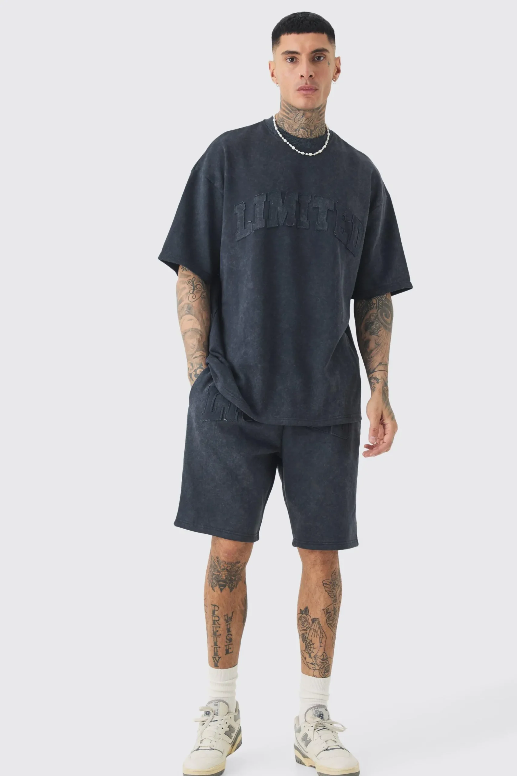 Tall Oversized Limited Applique Washed T-shirt & Short Set | BoohooMAN UK