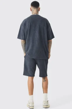 Tall Oversized Limited Applique Washed T-shirt & Short Set | BoohooMAN UK
