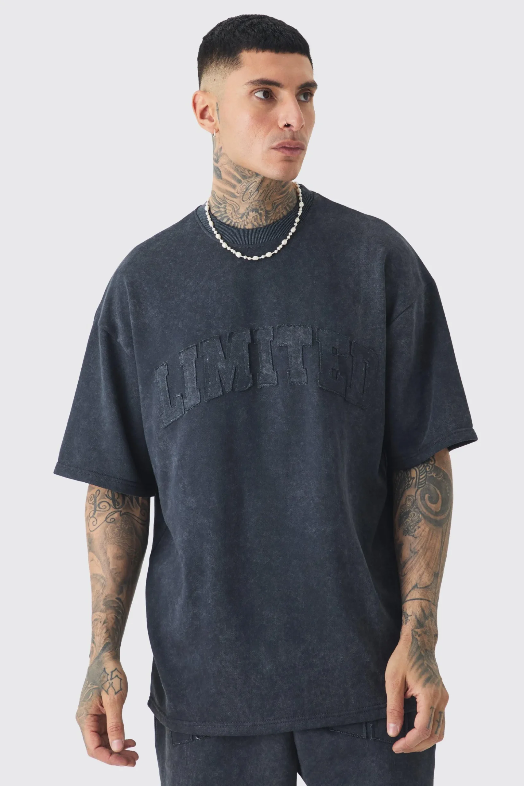 Tall Oversized Limited Applique Washed T-shirt & Short Set | BoohooMAN UK