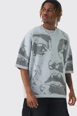 Tall Oversized Line Drawing Knitted T-shirt | BoohooMAN UK