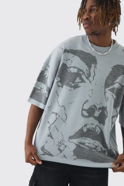 Tall Oversized Line Drawing Knitted T-shirt | BoohooMAN UK