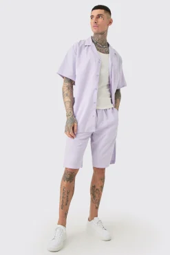 Tall Oversized Linen Drop Revere Shirt & Short Set In Lilac | BoohooMAN UK