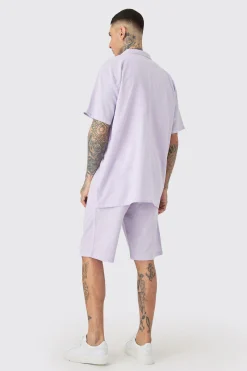 Tall Oversized Linen Drop Revere Shirt & Short Set In Lilac | BoohooMAN UK
