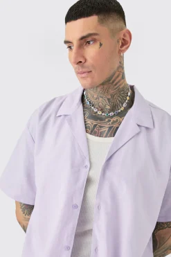 Tall Oversized Linen Drop Revere Shirt & Short Set In Lilac | BoohooMAN UK