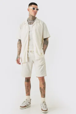Tall Oversized Linen Drop Revere Shirt & Short Set In Natural | BoohooMAN UK