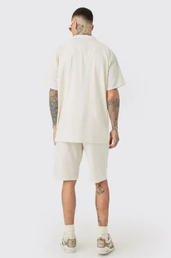 Tall Oversized Linen Drop Revere Shirt & Short Set In Natural | BoohooMAN UK