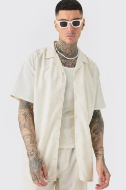 Tall Oversized Linen Drop Revere Shirt & Short Set In Natural | BoohooMAN UK