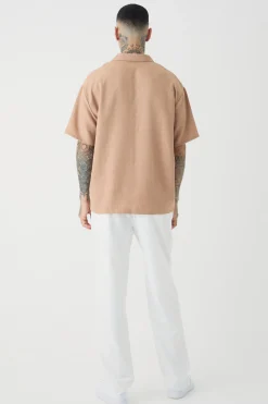 Tall Oversized Linen Revere Polo In Taupe | BoohooMAN UK