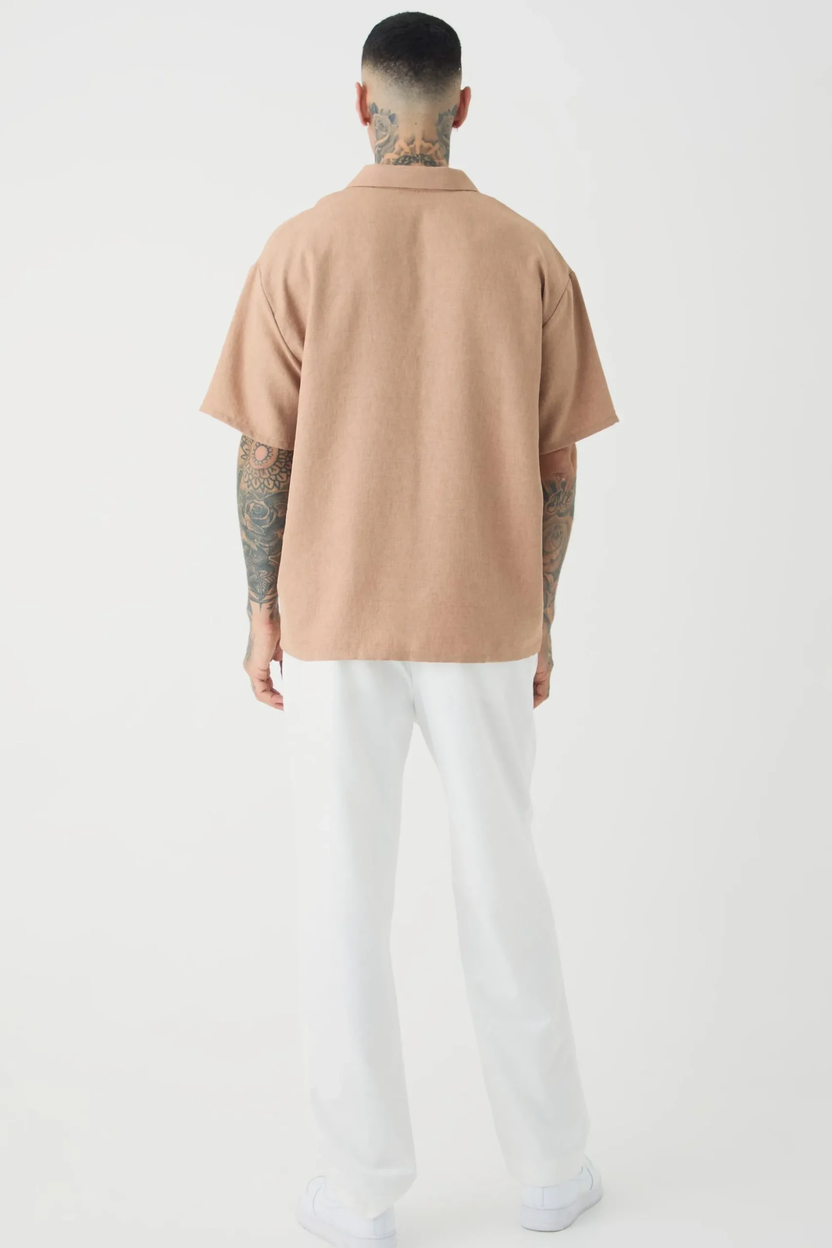 Tall Oversized Linen Revere Polo In Taupe | BoohooMAN UK