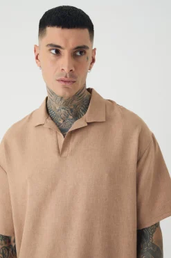 Tall Oversized Linen Revere Polo In Taupe | BoohooMAN UK