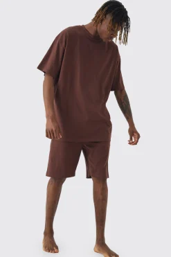 Tall Oversized Lounge Short Set In Chocolate | BoohooMAN UK