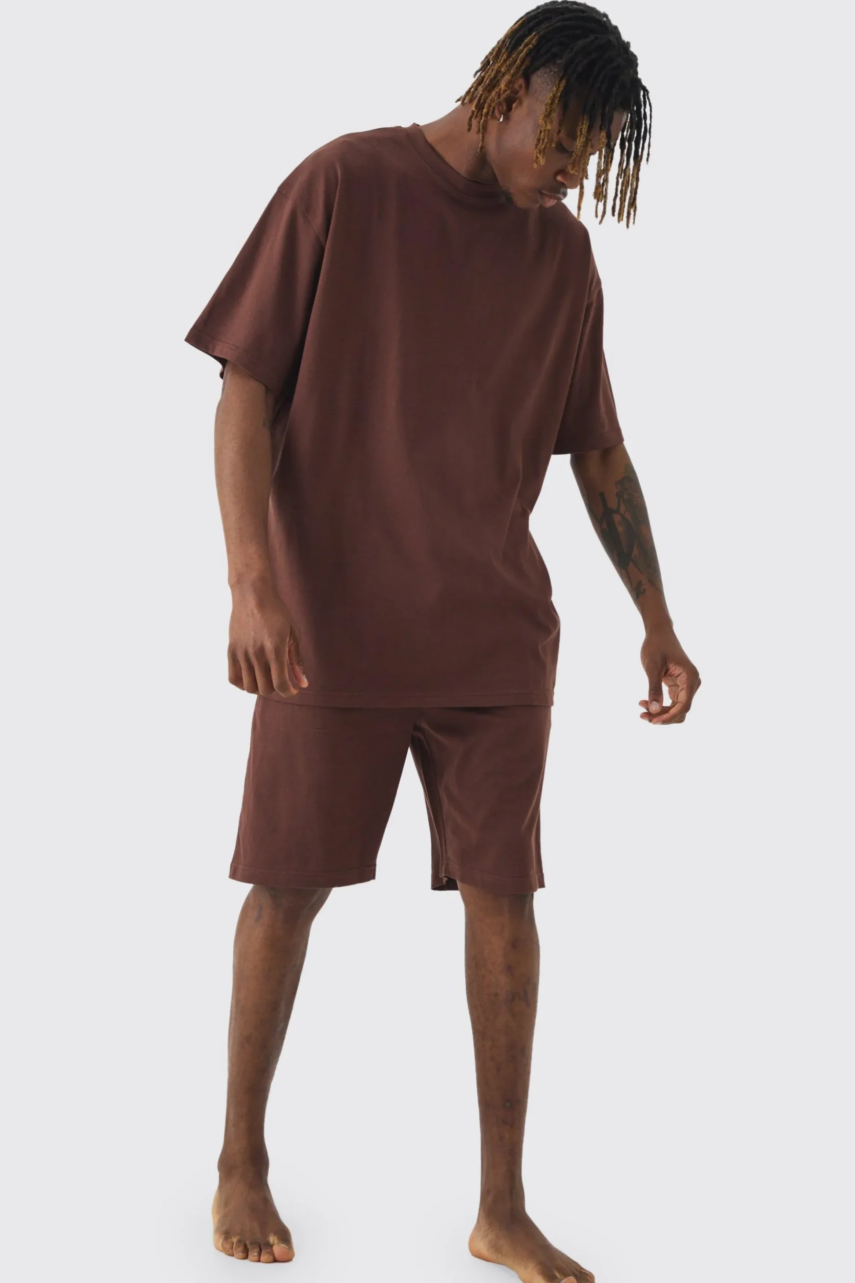 Tall Oversized Lounge Short Set In Chocolate | BoohooMAN UK