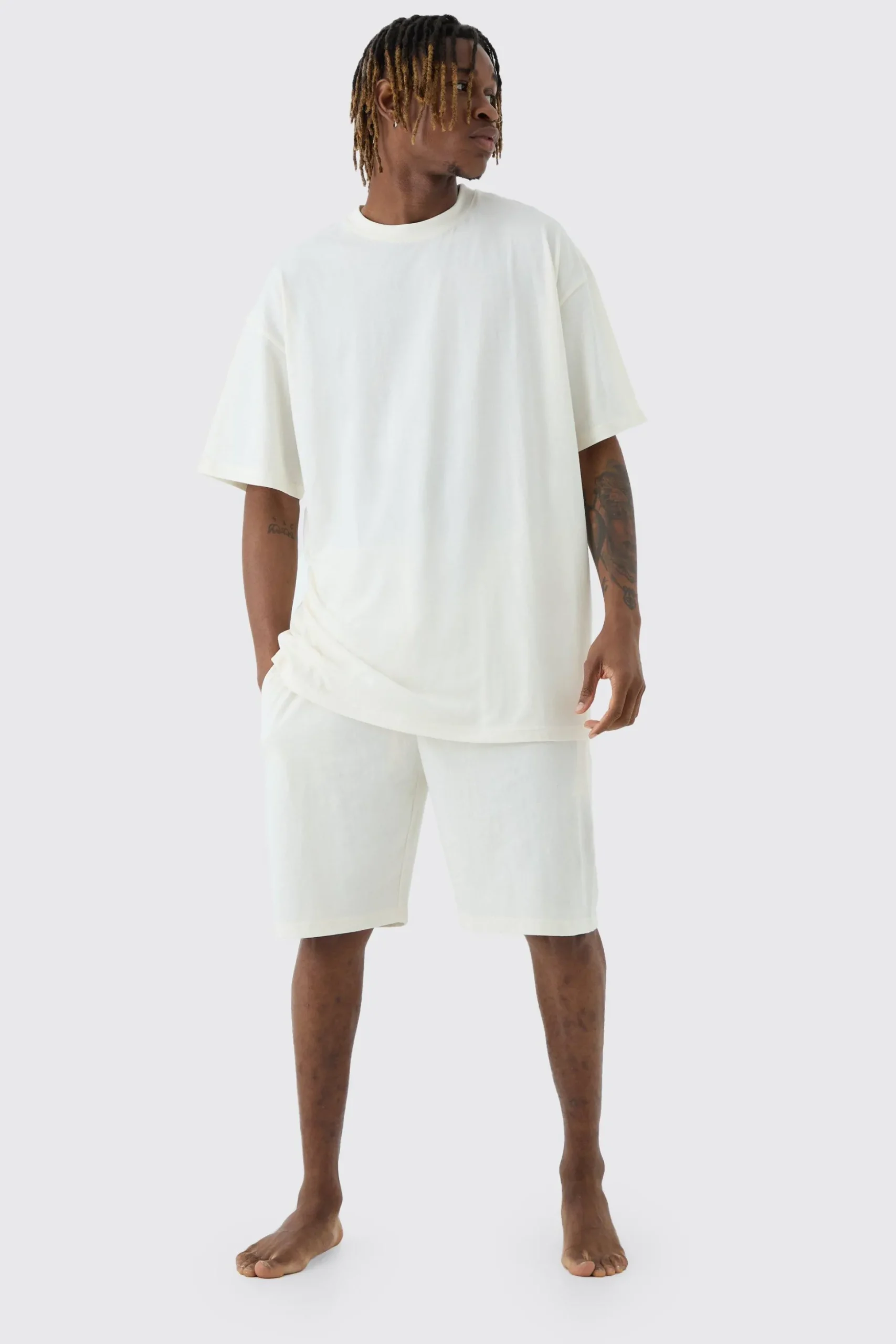 Tall Oversized Lounge Short Set In Ecru | BoohooMAN UK