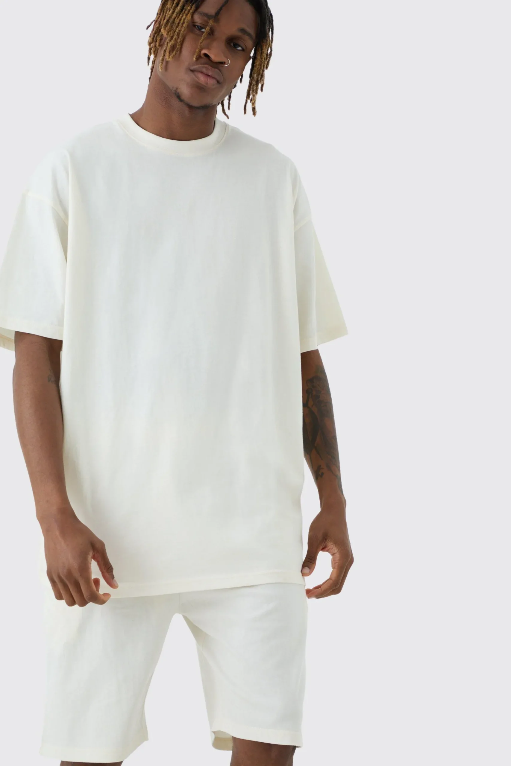 Tall Oversized Lounge Short Set In Ecru | BoohooMAN UK