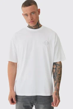 Tall Oversized Man Diamond Embroidered T-shirt In White | BoohooMAN UK