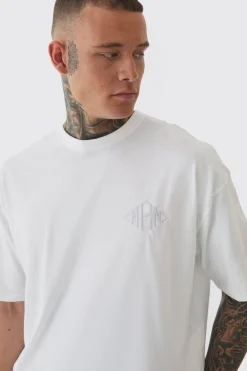 Tall Oversized Man Diamond Embroidered T-shirt In White | BoohooMAN UK