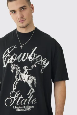 Tall Oversized Metallic Print Cowboy T-Shirt | BoohooMAN UK