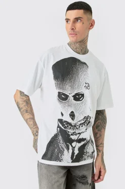 Tall Oversized Mono Balaclava Print T-shirt In White | BoohooMAN UK