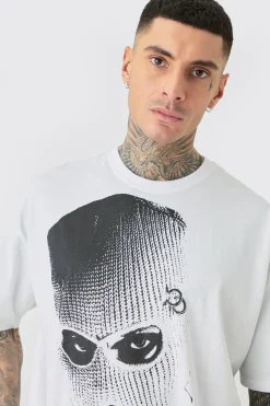 Tall Oversized Mono Balaclava Print T-shirt In White | BoohooMAN UK