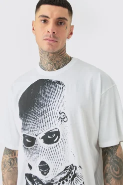 Tall Oversized Mono Balaclava Print T-shirt In White | BoohooMAN UK
