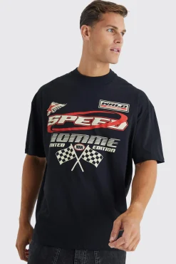 Tall Oversized Moto Racing Print T-shirt | BoohooMAN UK